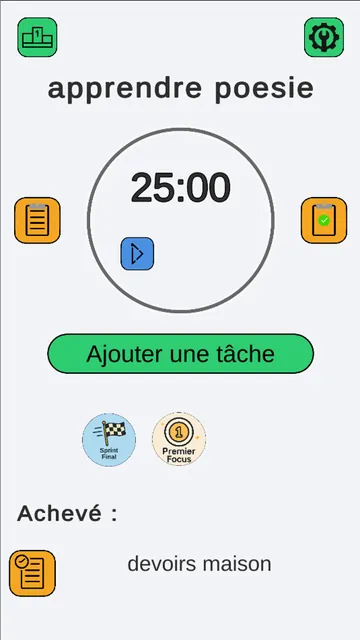 Minuteur de focus avec la tâche en cours et les badges