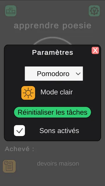 Paramètres : mode, thème clair et sons